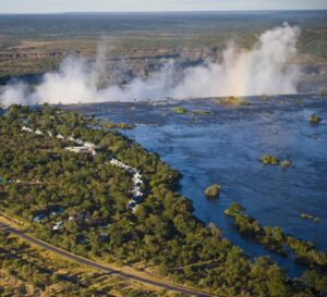 Aerial view of Victoria falls and The Royal Livingstone Zambia
