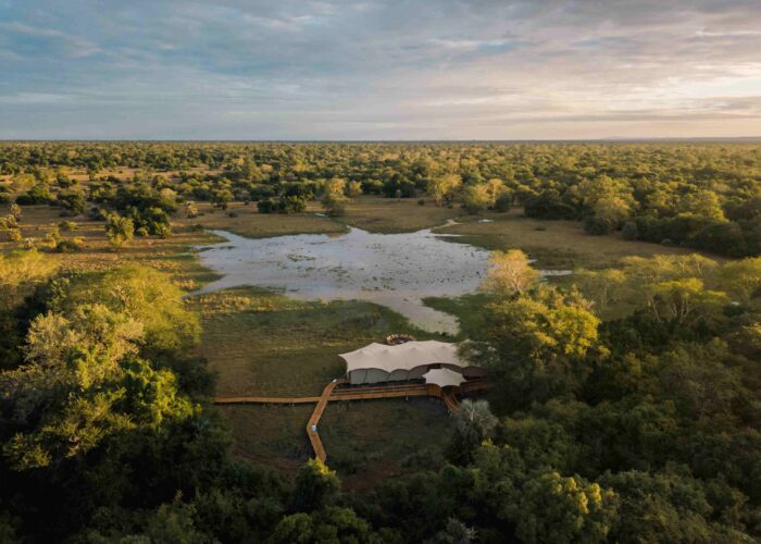 Aerial view of Chicari Camp overlooking the wildlife-rich Chicari Pan in Gorongosa National Park