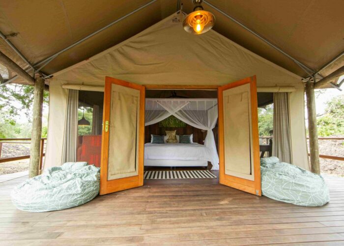entrance to the luxury tented accommodation at Muzimu Tented Camp in Gorongosa National Park