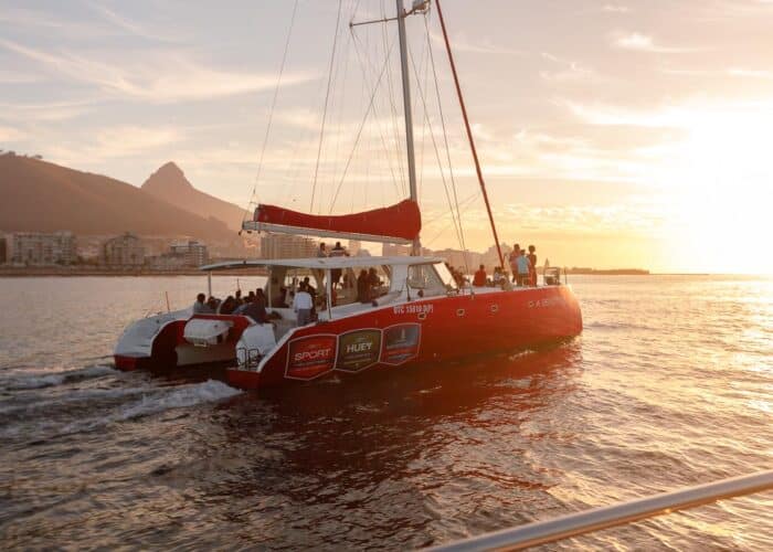 Sunset Catamaran Cruise in the ocean around cape Townm on honeymoon South Africa